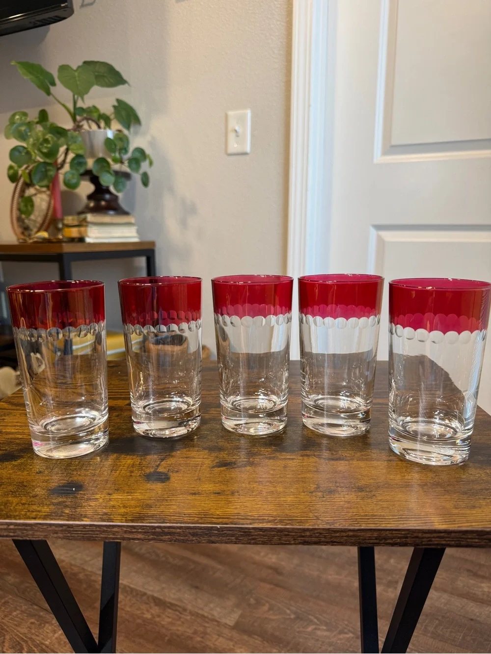 Vintage Ruby Red Cut to Clear Highball Glasses Set of 5 Scalloped Dot Tumblers